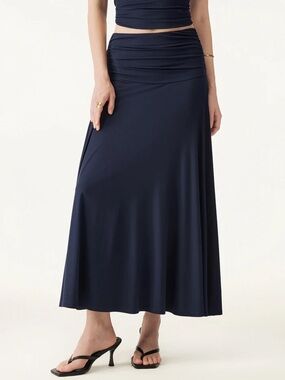NWT OGL Ultrasoft Mid Rise A-line Ruched Maxi Skirt In navy size Med